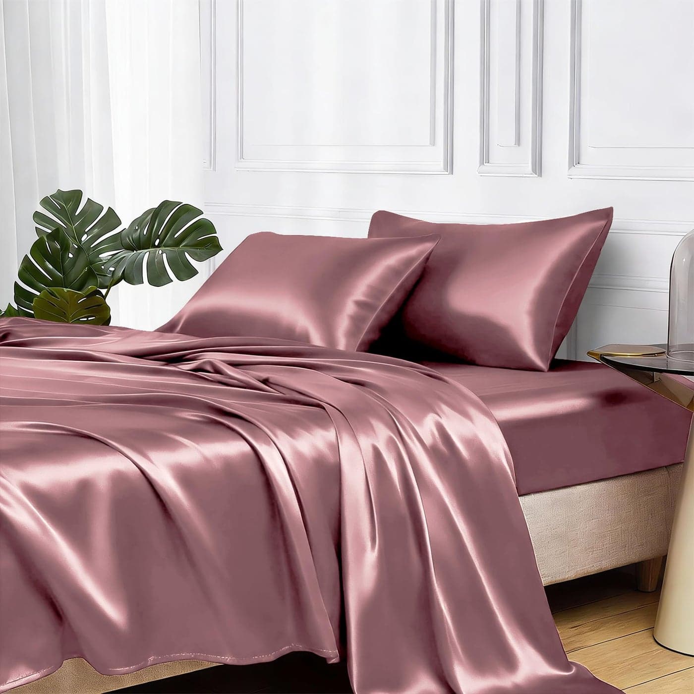 MRHM Satin Bed Sheets Queen Size Sheets Set 4 Pcs Silky Bedding Set with 15 Inches Deep Pocket for Mattress Queen Rose Taupe