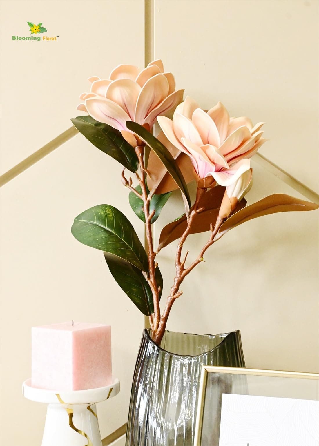 Blooming Floret Realistic Artificial Magnolia Flower Stems – Decorative Faux Flowers with Lifelike Petals and Green Leaves for Home Decor, Wedding Arrangements, and Centerpieces (Peach)
