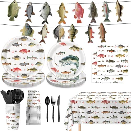 170PCS Fishing Birthday Party Decorations Gone Fishing Party Decorations Include Plates, Cups, Cutlery, Banner, Tablecloth for Ofishally One Birthday Decorations