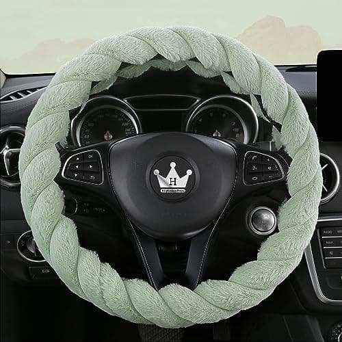 HighnessHwoo Luxury Fluffy Winter Car Steering Wheel Cover for Women Soft Warm Plush Cute Auto Accessories for Vehicle Sedan Universal Fuzzy Anti Slip Green Standard Size 14751515