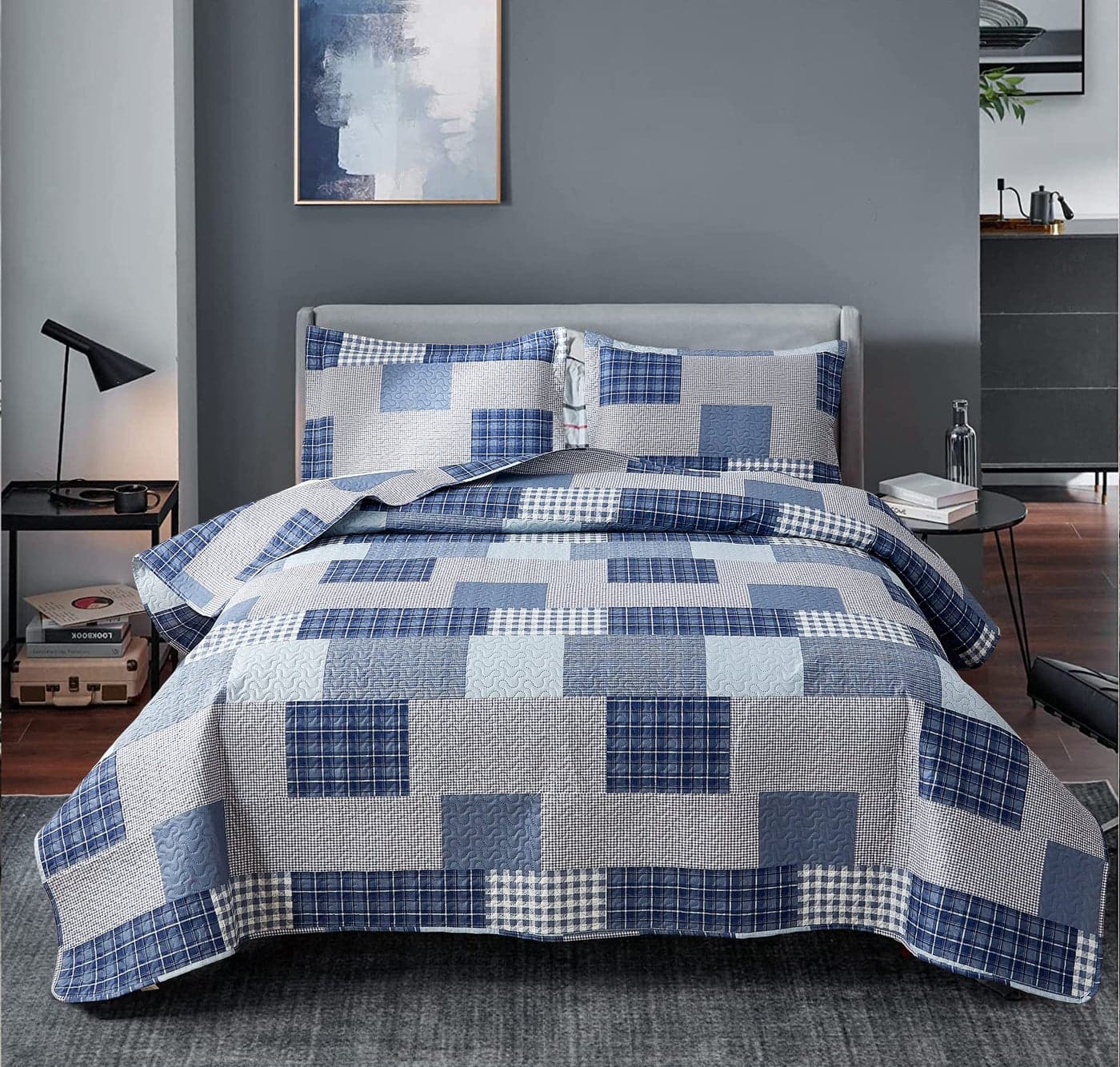 Bedspread Set QueenFull Size Plaid Quilt Bedding Queen Grey Blue Patchwork Modern Lightweight Quilt Bedspread Home Reversible CoverletSoft Polyester 3 Piece Quilt Set Collection