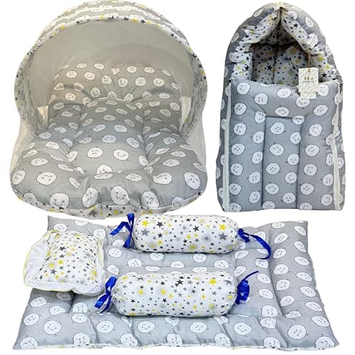 Fareto Combo of Baby Bed with Net | Carry Bag | 4 Pcs Bedding Set (0-6 Months, Baby Size, Cotton) (Grey Sheep)