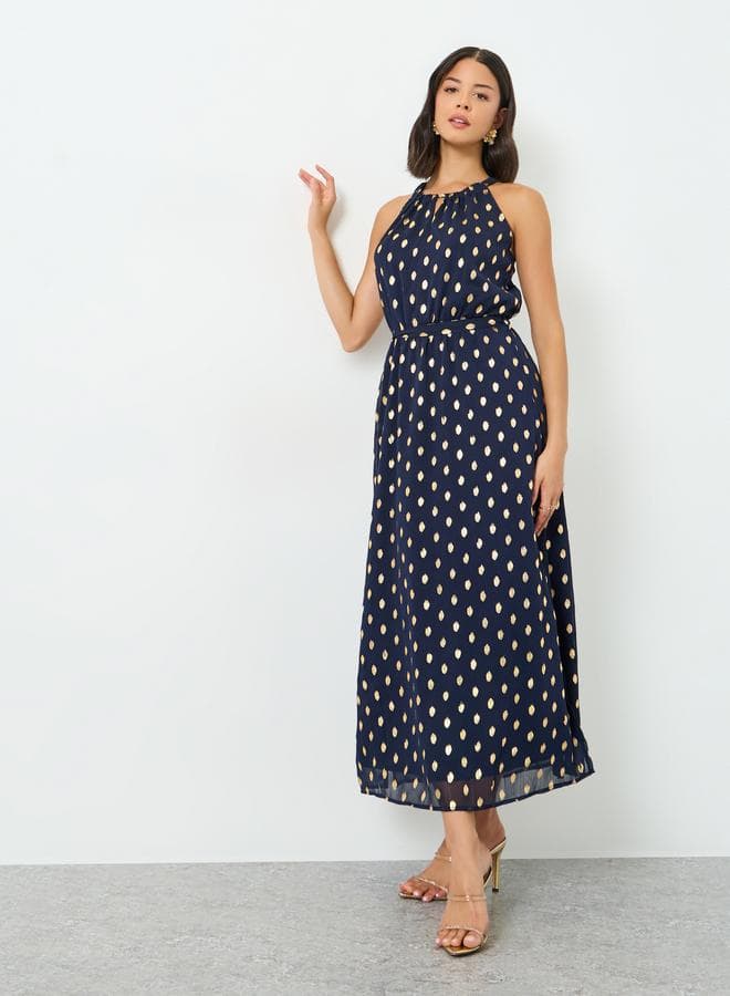 Navy Blue Foil Print Maxi Dress with Tie-Belt