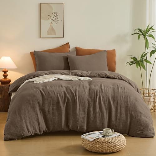 Simple&Opulence Linen Muslin Duvet Cover Set Queen Size, 3Pcs Brown Linen Cotton 3-Layer Gauze Minimalist Comforter Cover 88”x92”, Ultra Soft Breathable Seersucker Bedding Set with 2 Pillowcases