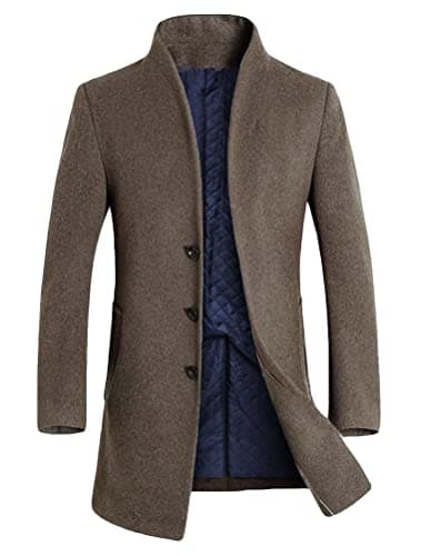Lavnis Men's Trench Coat Long Wool Blend Overcoat Slim Fit Down Topcoat Thicken Style Khaki L