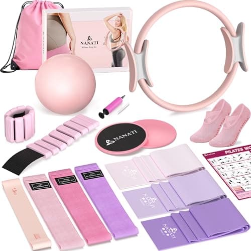 NANATI Pilates Kit 18PCS,Pilates Essentials Kit for Women,Pilates Equipment with 14.5" Pilates Ring and Ball,7 Resistance Bands,Ankle Weights,Sliders & Grip Socks Accessories for Starter Home Workouts