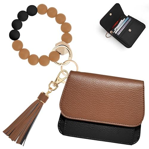 Sunpour Keychain Wallet RFID Wristlet Wallets for Women,Small Wallets Woman Key Chain Wallet with Coin Pocket and Id Window (Brown&Black)