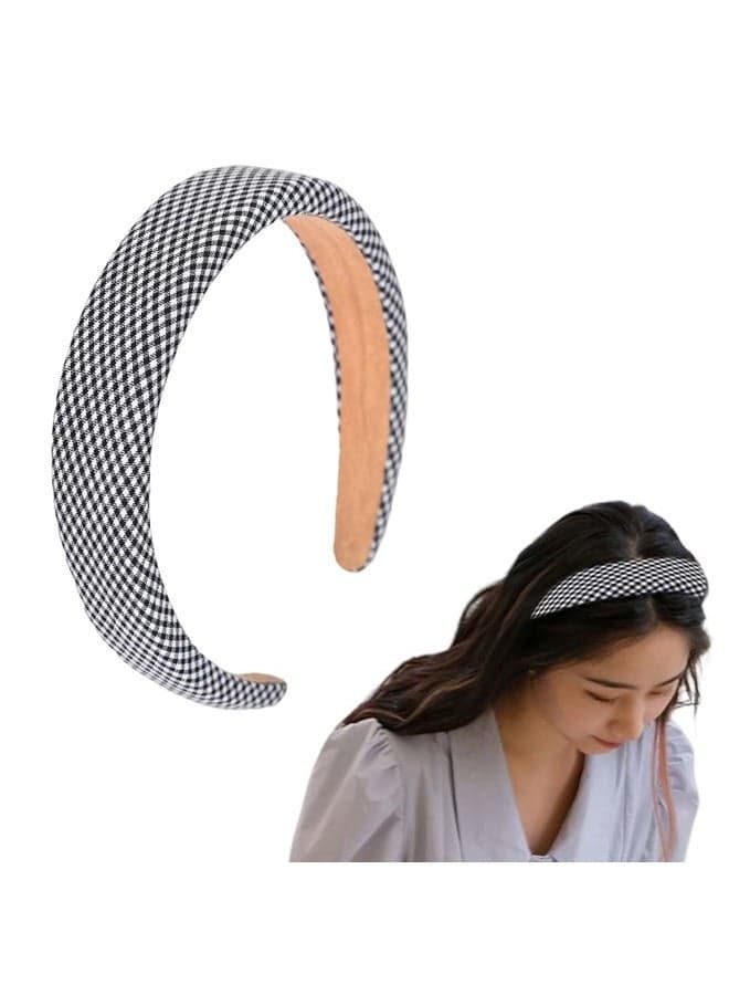 Buffalo Plaid Headband for Women Girls Black and White Check Headbands for Teen Girls Puffy Sponge Headband for Womens Padded Headbands for Women Basic Hair Accessories for Thick Thin Hair