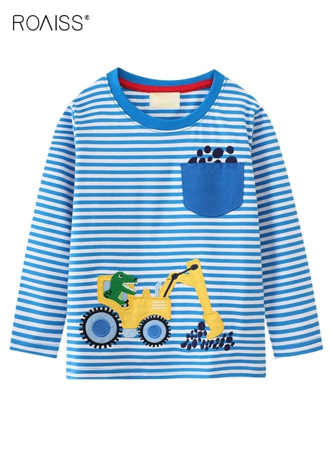 Toddlers Striped Long-Sleeve T-Shirt, Soft Comfortable Shirt with Cartoon Pattern, Casual Crewneck Printed T-Shirts for Boys, Suitable for All Occasions