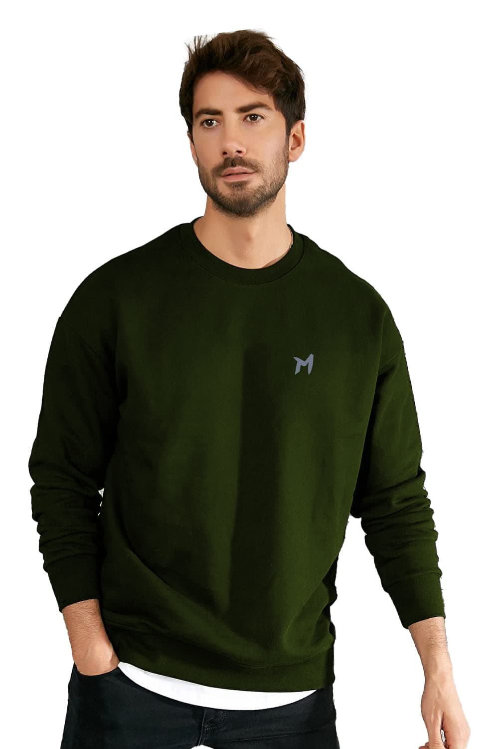Mebadass Solid Cotton Blend Mens Round Neck Relaxed Fit Sweatshirt-Olive Green