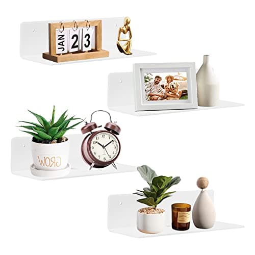 luium 9 Inch Acrylic Floating Shelf No Drill Adhesive Wall Shelf Set of 4 for Funko Pop Storage, Floating Shelves Damage-Free Expand Wall Space for Living Room, Bathroom, Gaming Room, Office - White