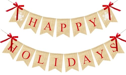 VILIFEVER Happy Holidays Banner Burlap Christmas Decorations for Home Office Christmas Banner for Fireplace Mantel Indoor Outdoor Decor Happy Holidays Sign Xmas Party Supplies