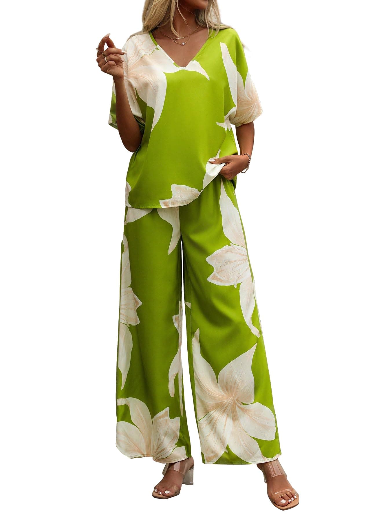 Shasmi Women's Casual Elegant Pista Floral Printed Batwing V-Neck Blouse, Sleeve Shirt, Wide Long Pants for Ladies 2pcs/Set, Spring Outfits For Women (Co-Ods 189 Pista-L)