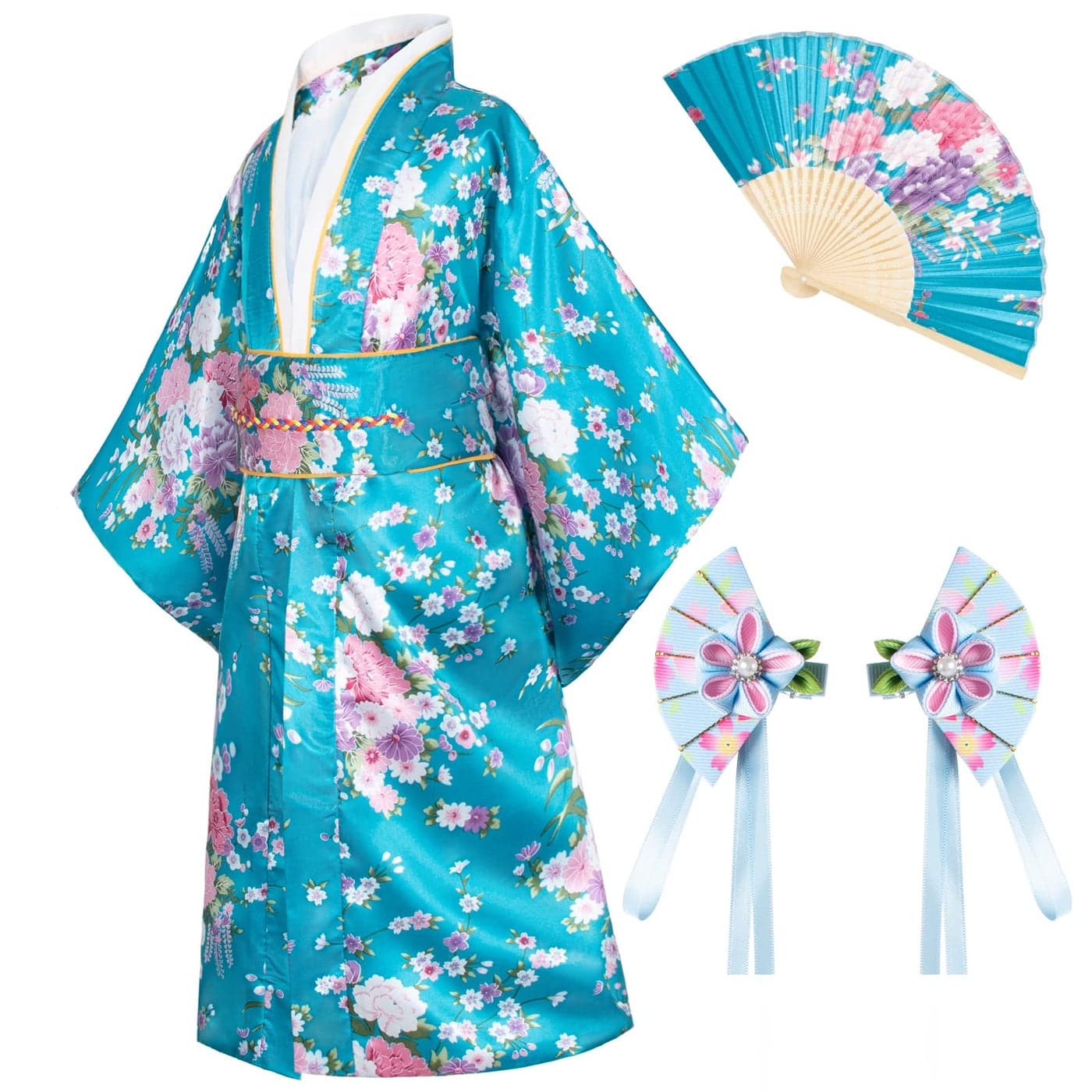 Japanese Traditional Dress Kimono Robe for Kids Girls Costume Silk Folding Fans hairstick SetBlue1Type130cm