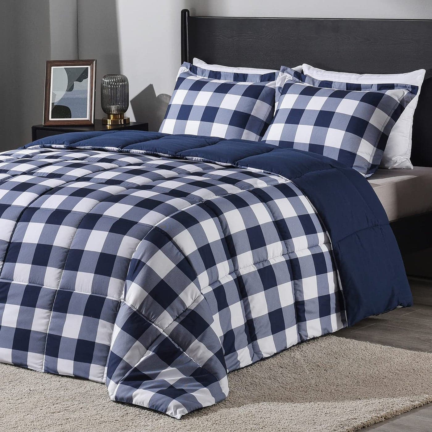 downluxe Lightweight Plaid Comforter Set Queen with 2 Pillow Shams 3Piece Set BlueWhite Plaid Down Alternative Reversible Comforter