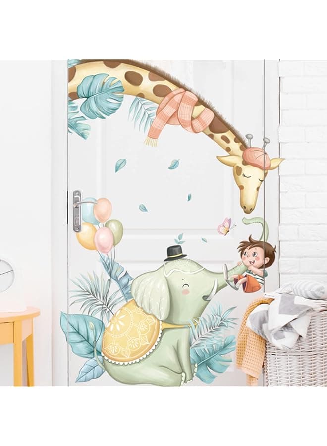 Tropical Plants Animal Elephant Giraffe Wall Stickers, Removable Cartoon Animal Cute Boy Wallpaper Decals Decor, DIY Art Mural for Kids Bedroom Playroom Girls Baby Nursery Rooms