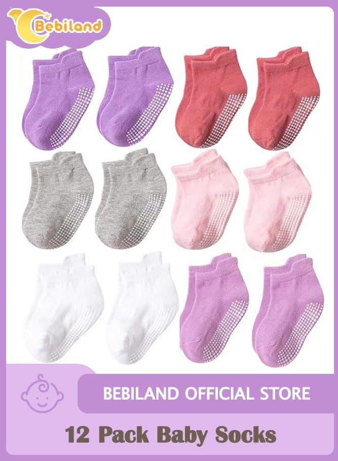 12 Pack Baby Socks Toddler Socks Non Slip Grip Ankle Socks with Non Skid Soles for 1-3 Years Baby Socks, Size M