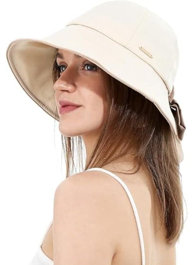 Wide Brim Sun Hat for Women, Foldable Bucket Hat with UV Protection, Adjustable Summer Beach Hat with Bowknot and Ponytail Hole, Packable Outdoor Cap for Travel