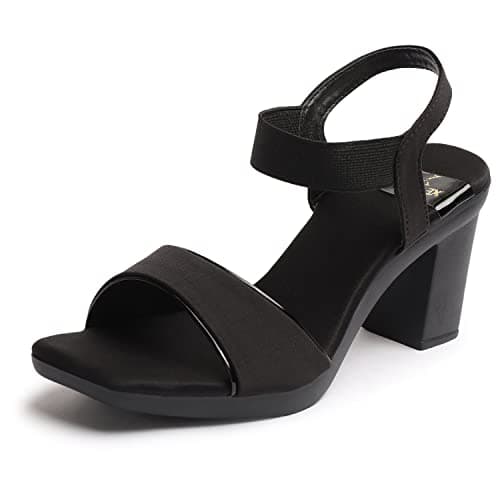 XE Looks Women's Black Stylish Block Heels | Open-Toe Sandals with Elastic Support | Anti-Skid Sole & Cushioned Footbed Block Heels For Girls & Women