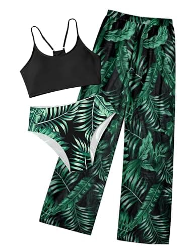 NECIOUS Girls Bathing Suits Size 10-12 Girls Swimsuit Swim Bikinis 3 Piece Black Green Adjustable Strap High Waist Cover Up Pants Kids Swimwear