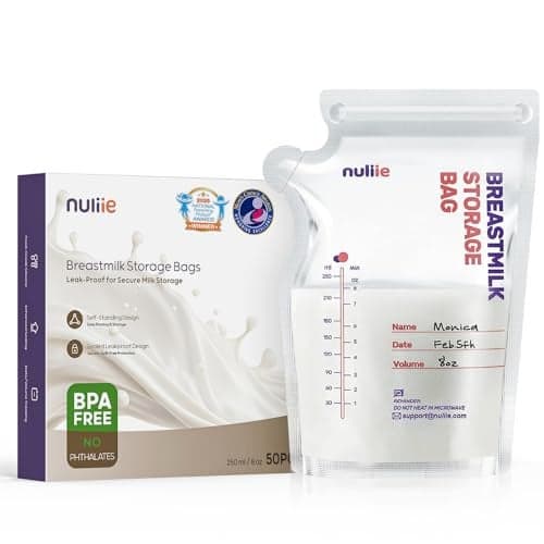 Nuliie 50 Pcs Breastmilk Storage Bags 8 OZ Breast Milk Storing Bags BPAFree Milk Storage Bags with Pour Spout for Breastfeeding SelfStanding Bag Space Saving Flat Profile