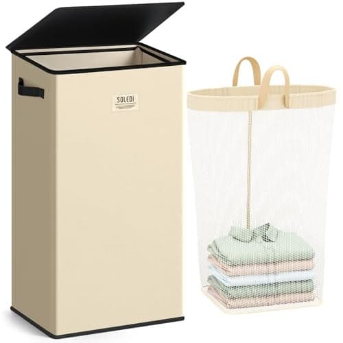 SOLEDI Laundry Hamper with Lid 100L Large Tall Collapsible Laundry Basket Clothes Hamper with Bag Removable Easy to Carry Dirty Hampers for Bedroom Bathroom Dorm College Beige