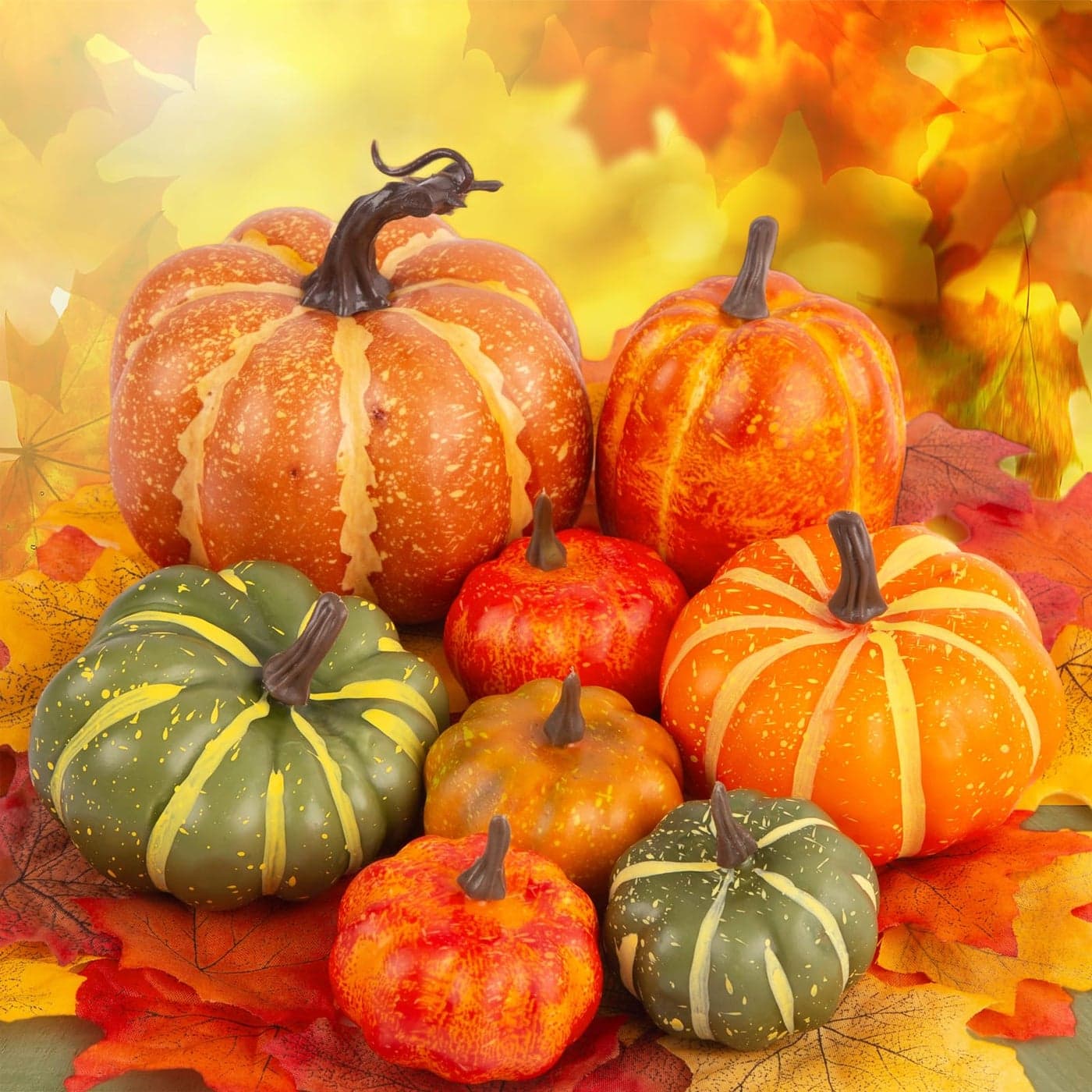 DomeStar 50 PCS Thanksgiving Artificial Pumpkins and Gourds Set Fall Decorations for Home 8 PCS Fake Pumpkins 12 PCS Pinecones and Acorns 30 PCS Fake Maple Leaves Fall Wedding Tables Centerpieces