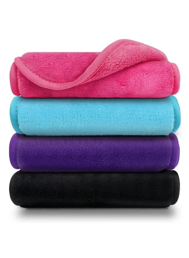 Makeup Remover Cloths Pack of 4, Reusable Microfiber Facial Cleansing Cloths, Remove Instantly Dirt, Makeup&Waterproof Mascara with Just Water, 15.5 x 7.5 in, Blue/Purple/Black/Pink