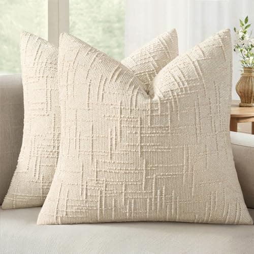 MIULEE Textured Throw Pillow Covers Thick Chenille Decorative Pillows Beige 18x18 Inch Set of 2 Modern Boho Farmhouse Home Decor Neutral Cushion Covers for Couch Sofa Living Room Bedroom