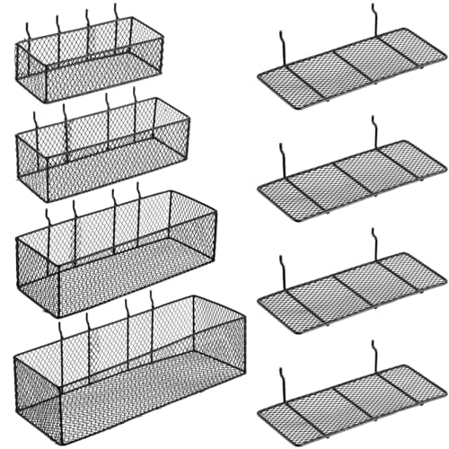 Hicarer 8 Pack Pegboard Baskets and Peg Board Racks Set, Pegboard Hooks, Square Style Wire Shelf Baskets, for Organize Tools, Workbench, Accessories, Garage Storage, Wall Organizer Attachments (Black)