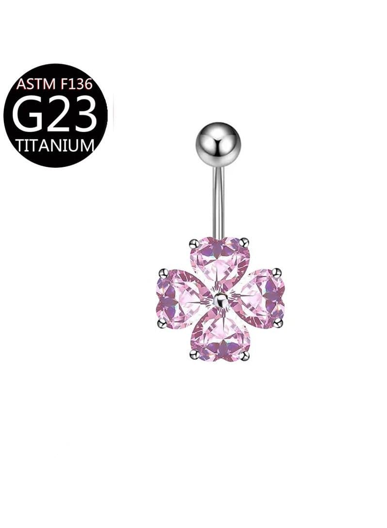 Fashion Zircon Belly on Ring – Hypoallergenic Titanium Steel Navel Ring, Trendy Four Leaf Clover Body Piercing Jewelry for Women