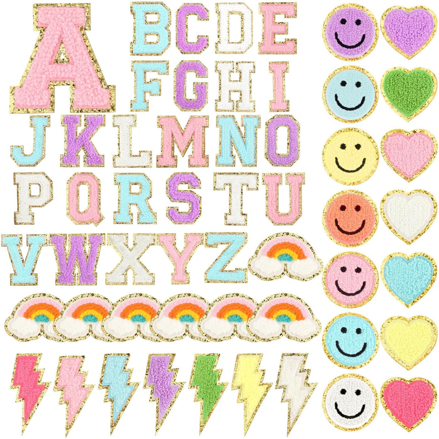 Geosar 54 Pcs Self Adhesive Chenille Letters Patches Glitter Rainbow Preppy Cute Sew Patches Christmas Letter Craft for DIY Clothing Backpack Bag217 InchColorful Letter