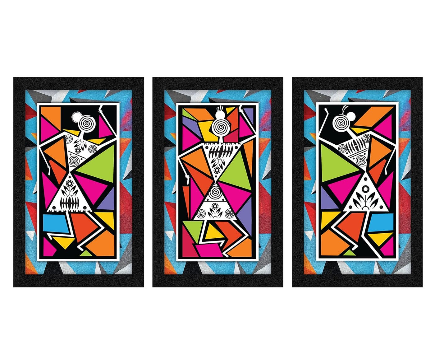 ArtX Paper Warli Tribal Wall Frame Art Painting, Framed Paintings, Multicolor, Abstract, 25.5 X 13 Inches (Combined), 8.5 X 13 each, Set of 3