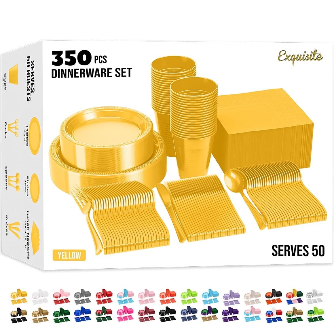 350 Pcs Yellow Plastic Plates For Party Yellow Disposable Plates Set 50 Of Each 9 Dinner Plate Set 7 Dessert Plate Cups Napkins Cutlery Plastic Dinnerware Party Solids