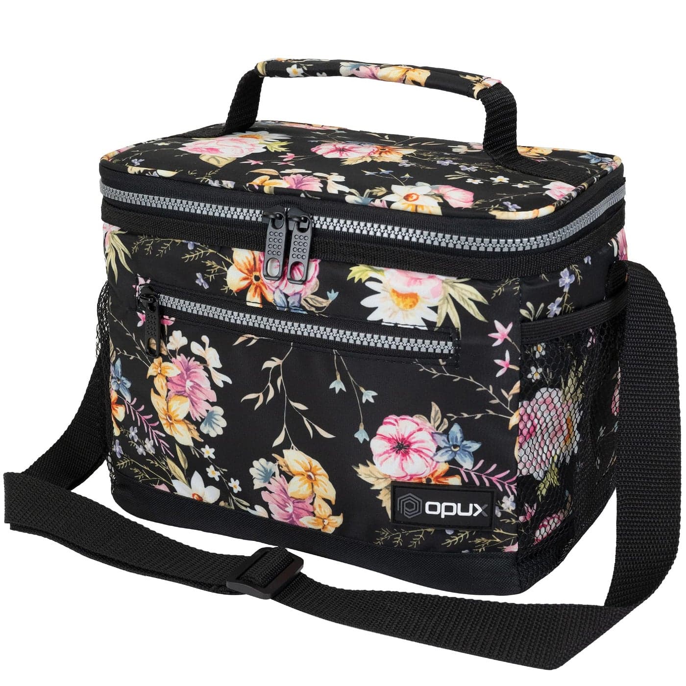 opux Insulated Lunch Box Men Women Lunch Bag for Work School Leakproof Soft Cooler Tote Adult Large Lunch Pail Kids Boys Girls Picnic Beach Food Bag with Shoulder Strap Black Floral