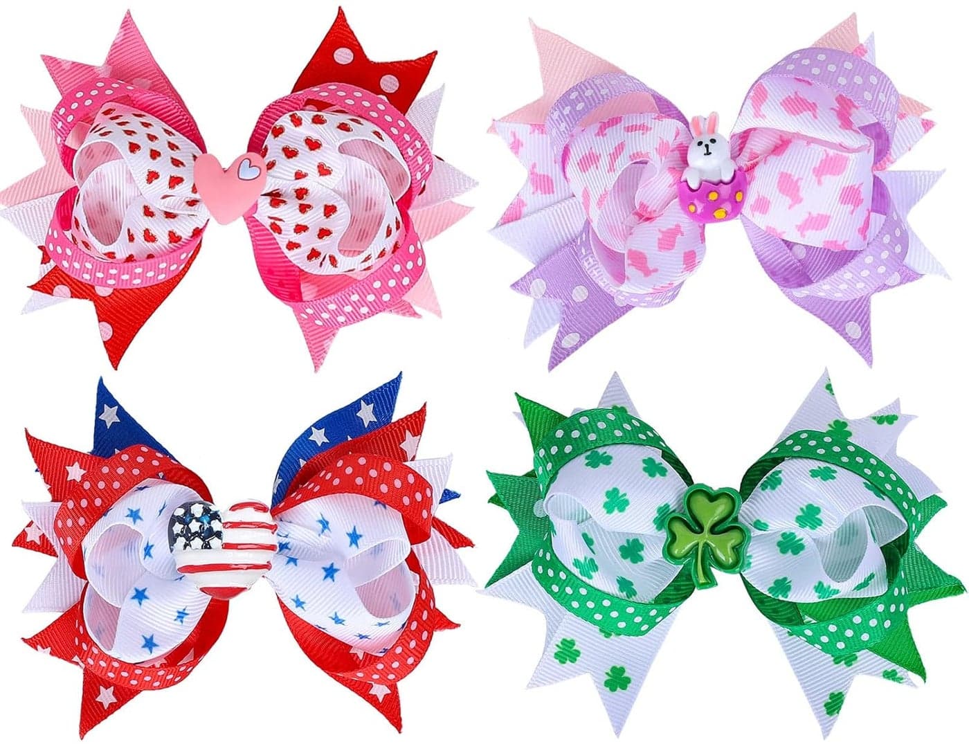 Whaline 4Pcs St Patricks Day Hair Bow Ribbon Clips Easter 4th of July Independence Valentine Hair Bow Alligator Clips Seasonal Hair grips Hair Barrettes Hair Pins Accessories for Girls