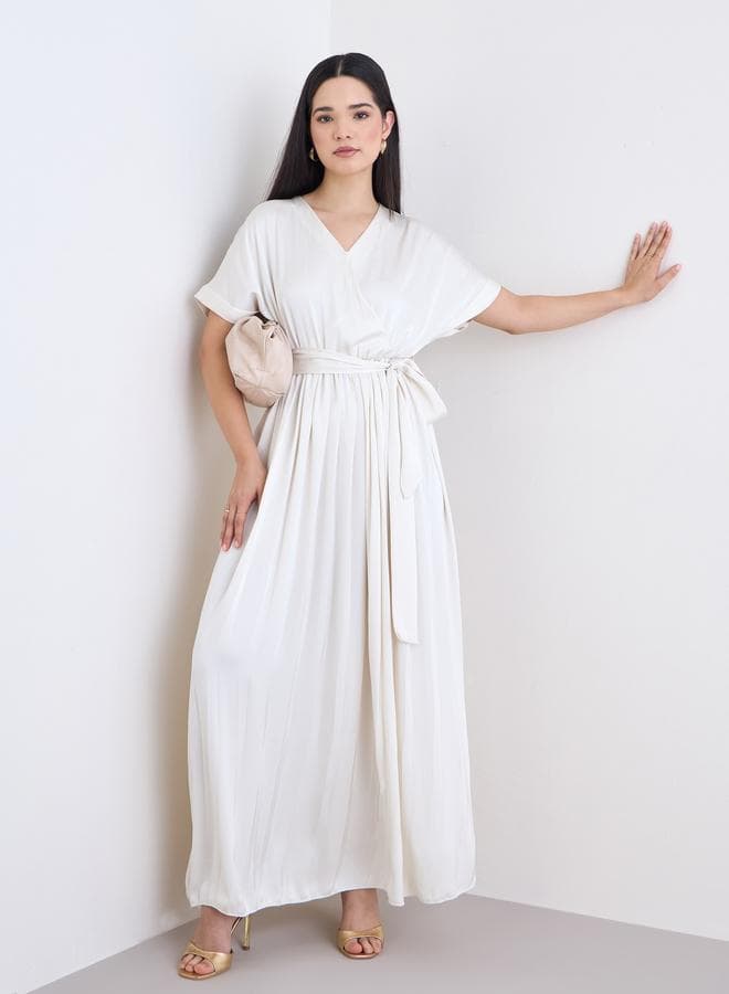 Cream V-Neck Wrap Maxi Dress