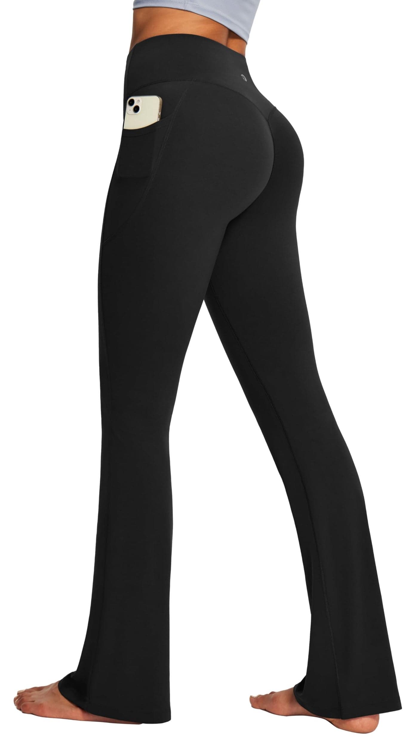 IUGA Mini Flare Leggings for Women Tummy Control Hidden Scrunch Butt Flared Yoga Pants with Pockets No Front Seam Workout Black