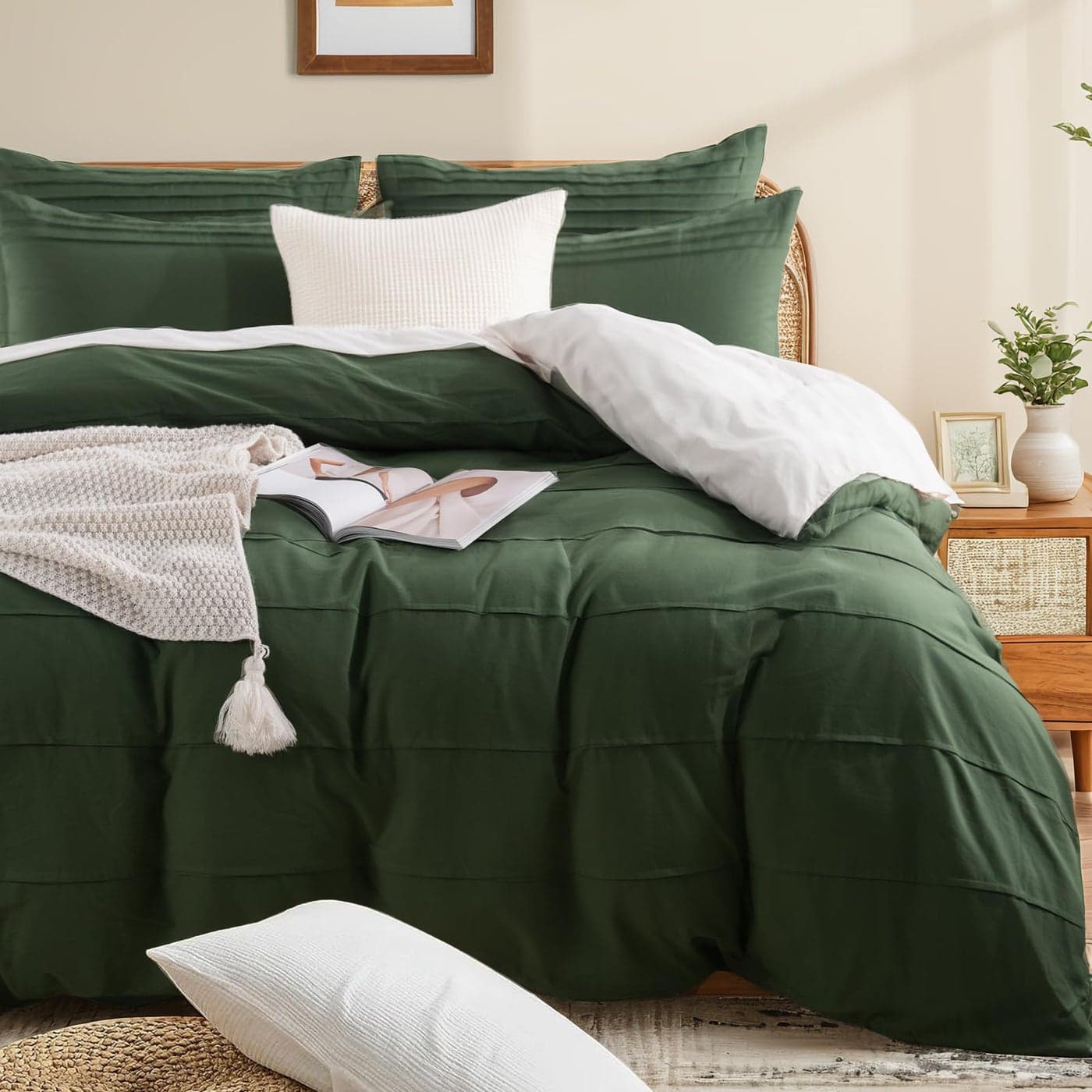 NEXHOME PRO 100 Washed Cotton Duvet Cover Twin Size Pleated Duvet Cover Set Forest Green 2 Pieces Organic Bedding Set with Zipper Closure Soft Lightweight and Breathable 68x90 No Comforter