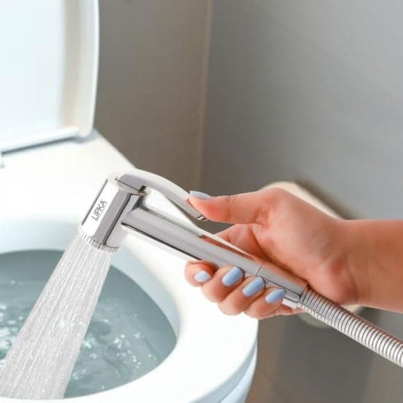 LIPKA Rome Semi Brass Health Faucet with 1 Miter Stainless Steel Shower Tube & Hook | Chrome Finish High-Pressure Health Faucet | Handheld Jet Spray Bidet for Bathroom Hygienic & Easy-to-Use | Silver