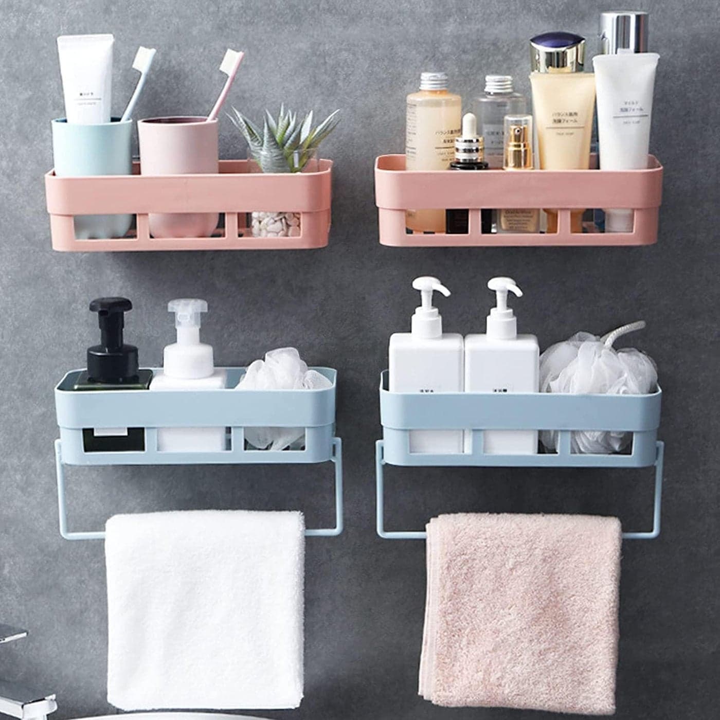 TEKCOOL 4Tier WallMounted Bathroom Shelf Rustproof Plastic 4 Bath 2 Towel Hanger Space Saving Easy Install Fast Draining