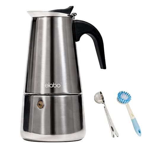 elabo Stovetop Espresso Machine and Moka Pot for Gas or Electric Ceramic Stovetop, Italian Espresso Coffee Shot Maker for Italian Espresso, Cappuccino and Latte, Stainless Steel 304, 10 Cups