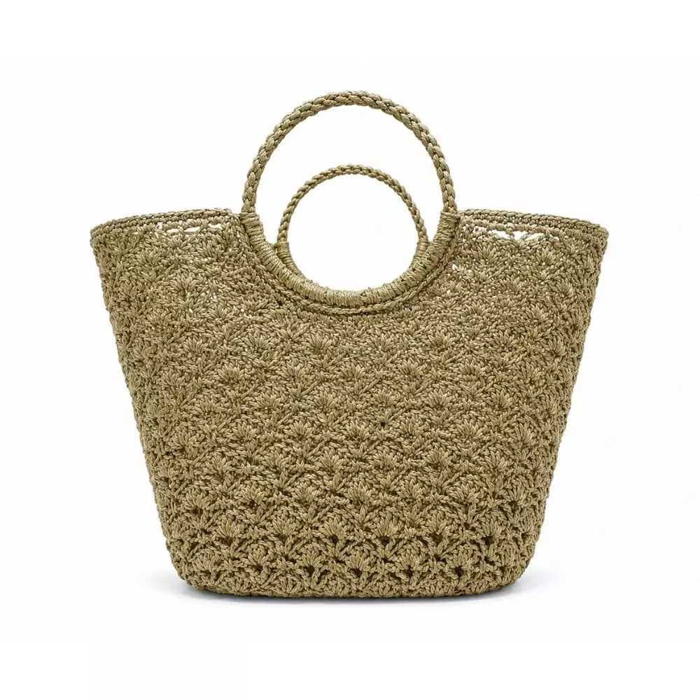 Hand Woven Large Crochet Ladies Tote Bag With Braided Ring Handle- Beige