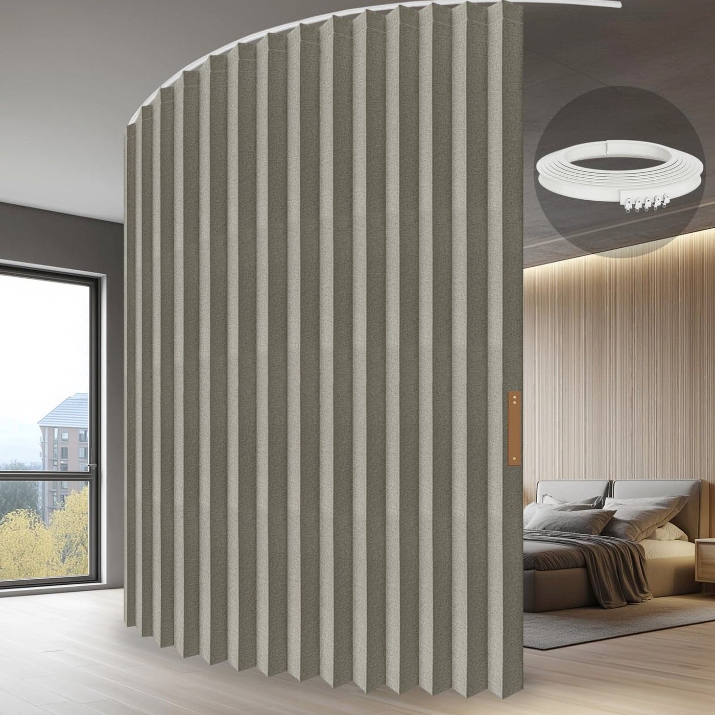 JILRON Folding Accordion Partition Divider with Ceiling Track Hanging Room Curtain Quick SetupGrey 100 W x 84 LPack of 1