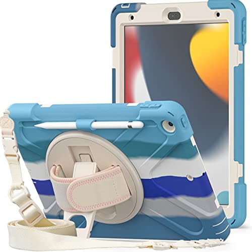 ProElite Rugged 3 Layer Armor case Cover for Apple iPad 10.2" 9th Gen (2021) / 8th Gen / 7th Gen with Hand Grip, Pencil Holder and Rotating Kickstand, Rainbow Blue
