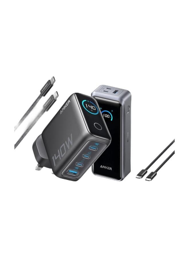 140W USB C Charger, Laptop Charger, 4-Port Multi-Device Fast Charging, Advanced GaN Power Adapter, Intuitive Touch Controls, Compatible with MacBook, iPhone 17 Series, Samsung, Pixel, and More & Anker Prime Power Bank, 26,250mAh 3-Port Portable Charger with 300W Output, Two-Way Charging, Flight-Appr