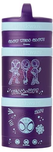 Whiskware SpiderMan Team Spidey Stackable Snack Containers for Babies Kids and Toddlers 3 Stackable Snack Cups for School or Travel Cupholder Friendly Glow Webs Glow