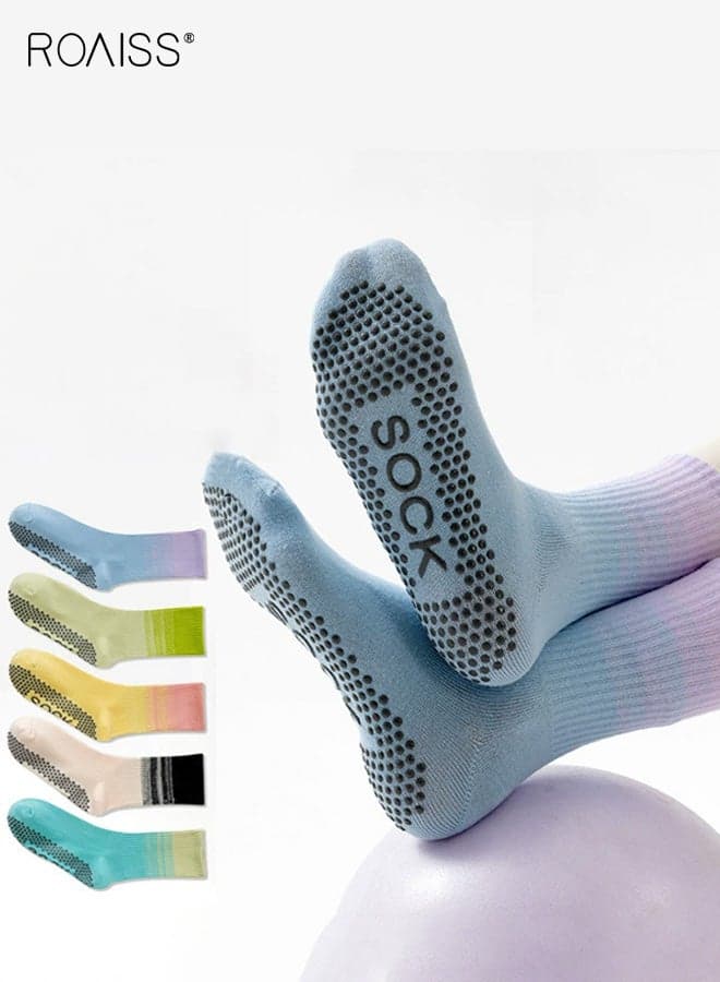 Women's 5 Pairs Anti-Slip Breathable Pilates Socks for Women Set of 5 Gradient Color Non Slip Grip Socks, Designed for Yoga Barre Hospital Use Barefoot Activities Arch Support Comfort