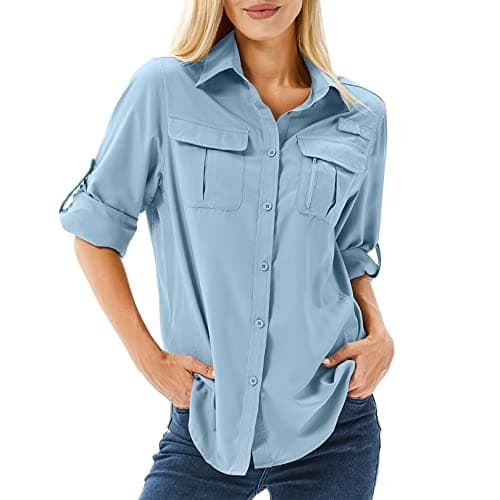 Toumett Women's UPF 50 Long Sleeve UV Sun Protection Safari Shirts Outdoor Quick Dry Fishing Hiking Travel Shirts(5071,Blue,XL)