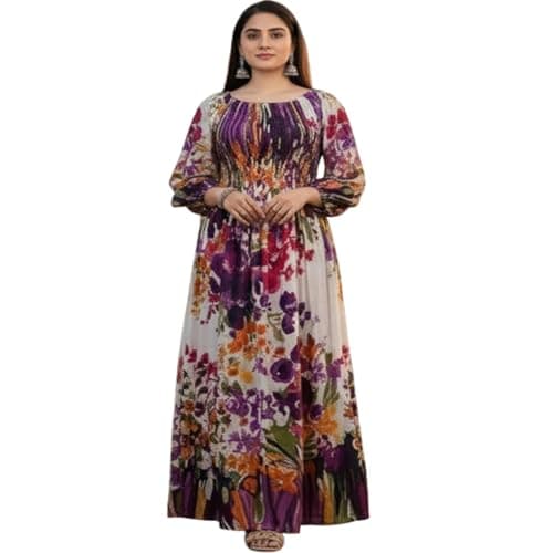 Cigain Floral Maxi Printed Rayon Full Sleeves Bobbin One Piece fit and Flare Dress tie dye Pattern Comfy Night Wear Gown for Women Multi-Colour (in, Alpha, 2XL, Plus, Plus Size, Purple)